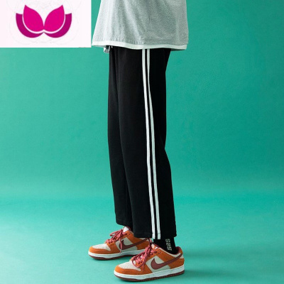 七斓两道杠运动裤夏款ins潮高腰阔腿宽松显瘦条纹直筒休闲卫裤子