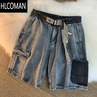 HLCOMAN水洗做旧牛仔短裤男夏季潮牌ins多口袋工装裤宽松美式休闲五分裤