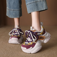 真皮老爹鞋2026春季新款网面拼接圆头系带百搭舒适休闲运动鞋女