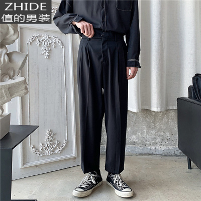 SUNTEK春季小西裤男士休闲裤宽松韩版直筒西装裤黑色坠感潮流阔腿长裤子西裤