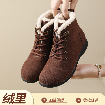 冬季新款软底复古软底短靴牛皮毛毛棉鞋雪地靴休闲系带短靴