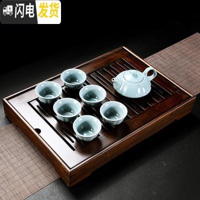 三维工匠九竹新款胡桃色竹制茶盘家用储水茶海茶台简约大小号功夫茶具套装 大盛水(胡桃色)+一壶六杯