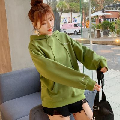 珂卡慕(KEKAMU)春天穿的衣服2020年春季薄款卫衣女宽松ins潮学生连帽韩版bf原宿风中长款外套果绿色-字母绣花卫衣S