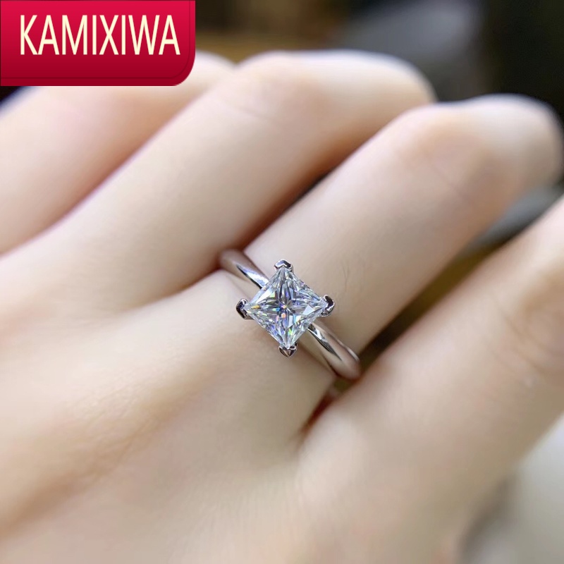 kamixiwa白金铂金方糖四爪方形钻戒女d色莫桑石3克拉公主方戒指有证书