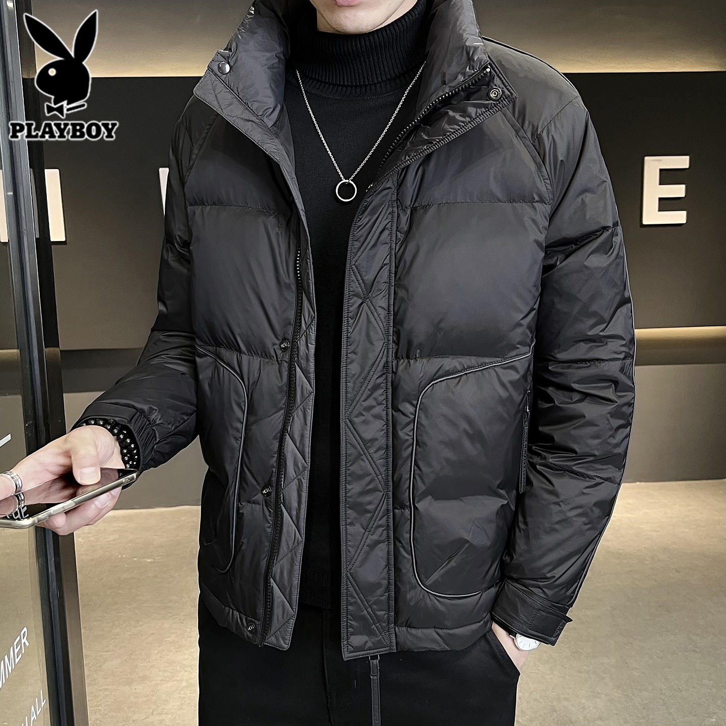 花花公子黑色羽绒服男士夹克外套2025年冬季新款鸭绒保暖防寒服男