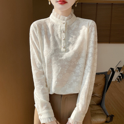 新款半高领薄款蕾丝花边混纺针织打底衫女设计感春夏修身洋气上衣