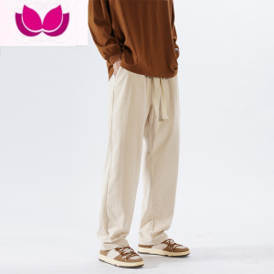 七斓灯芯绒直筒裤子男款潮牌阔腿卫裤运动休闲长裤大码垂感杏色