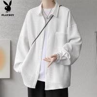 花花公子白色长袖衬衫男士潮牌春秋季青少年上衣华夫格衬衣外套男