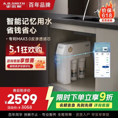 AO史密斯净水器全时高水效专利MAX3.0反渗透滤芯1.6升/分钟升级款厨下式直饮净水机R1600HWi-EE