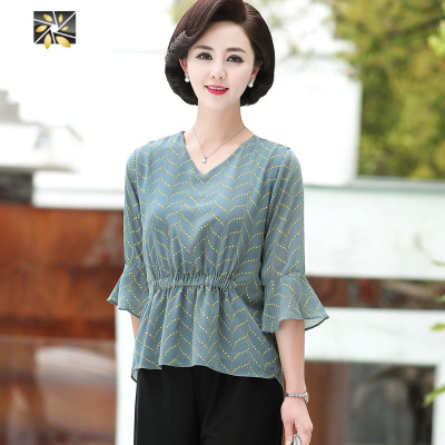 暖青汇中老年衣服妈妈40夏装短袖2020新款年轻妇女上衣中年雪纺两件套装蕾丝衫