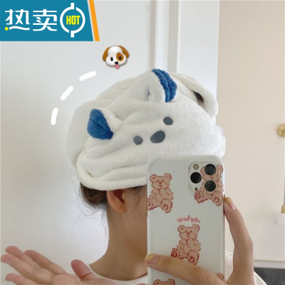 敬平干发帽2021新款网红女童头巾女包头吸水韩国兔耳朵可爱熊擦头加厚 白色小兔干发帽加厚