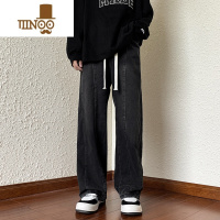 YANXU春季青少年复古做旧抽绳牛仔裤男bf宽松直筒阔腿港风百搭拖地长裤