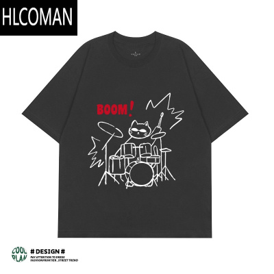 HLCOMAN创意手绘摇滚架子鼓打鼓猫美式T恤男女宽松短袖潮牌小众