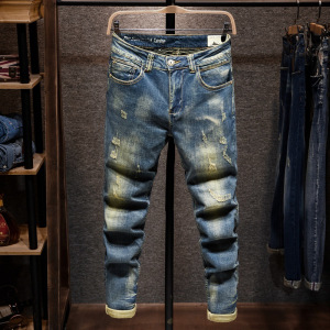 怀旧复古男士弹力磨白水洗牛仔裤男春秋常规青年修身小直脚长裤子