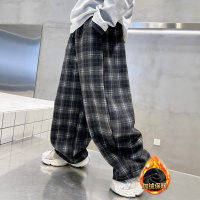 男童秋冬款裤子加绒加厚新款初中生冬季儿童一体绒直筒格子裤