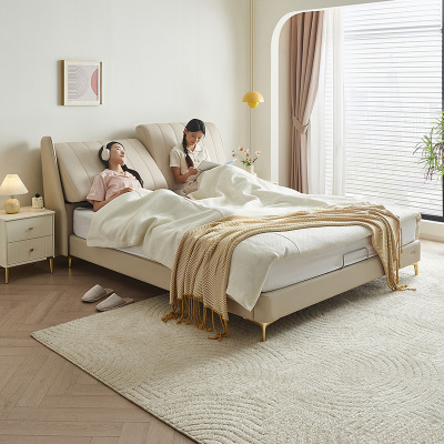 全友家居奶油风轻奢真皮床分体式可调节软靠卧室皮床双人床皮艺床软床家具