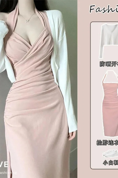 两件套女秋季新款纯欲挂脖小众性感吊裙带气质高级感连衣裙开衫