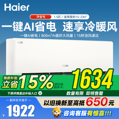 海尔(Haier)1.5匹 新一级能效净省电系列冷暖家用卧室挂机空调 高温除菌自清洁KFR-35GW/P2-1