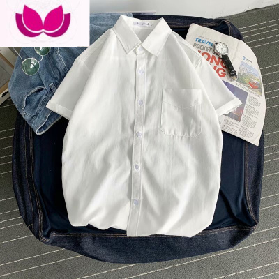 七斓夏季新款纯色半袖翻领衬衫男学生韩版潮流情侣装五分短袖打底衬衣