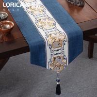 新中式桌旗禅意刺绣茶几餐桌布长条装饰布现代简约电视柜盖巾定制 南山秀色-蓝色 33*360cm(适用桌长3米-3.2米)