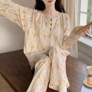 睡衣女士棉质秋冬季长袖带胸垫韩版可爱卡通休闲家居服套装可外穿
