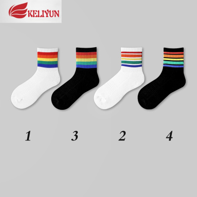 可莉允4双装毛巾底加厚-男士彩虹中筒毛圈袜子运动保暖潮流白袜冬季袜子