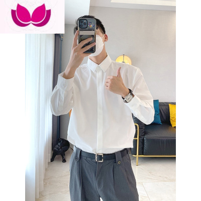七斓美式cityboy白衬衫男设计感暗扣长袖寸衫西服内搭免烫打底衬衣潮