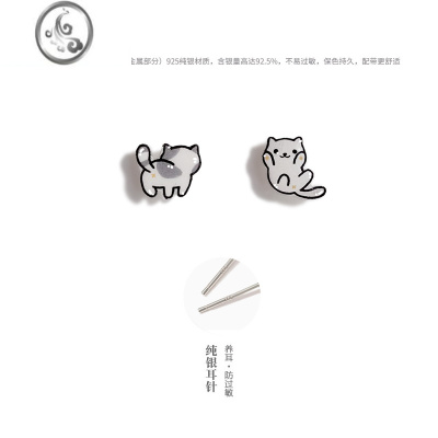 JiMi可爱猫咪耳钉设计感小众s925银银耳饰简约无耳洞耳环耳夹精致少女