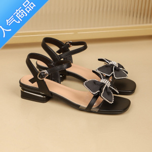 SUNTEK水钻蝴蝶结凉鞋女一字扣方头中跟女鞋2023夏季新款露趾仙女罗马鞋