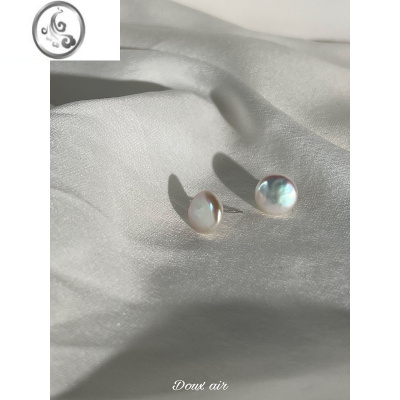 JiMi巴洛克圆形珍珠耳钉光面纽扣s925银针法式冷淡风气质百搭耳饰