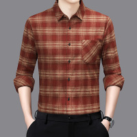 新款秋装磨毛格子带口袋男士长袖衬衫中年爸爸装时尚休闲上衣