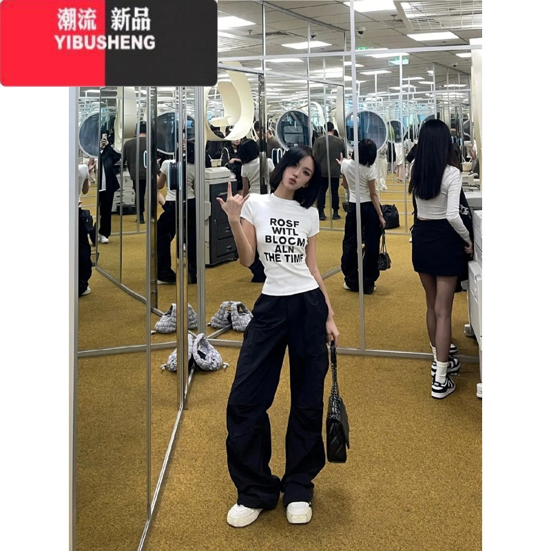 YIBUSHENG美式复古正肩字母短袖t恤女季白色修身小众设计感短款辣妹上衣