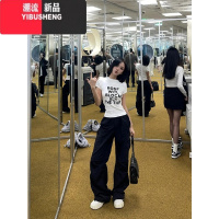 YIBUSHENG美式复古正肩字母短袖t恤女季白色修身小众设计感短款辣妹上衣