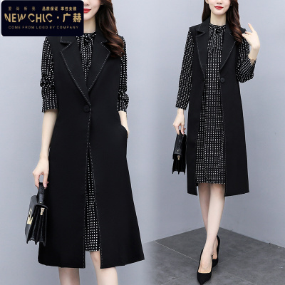 广赫长款风衣马甲气质大码女胖mm秋冬外搭套装连衣裙子两件套洋气减龄风衣