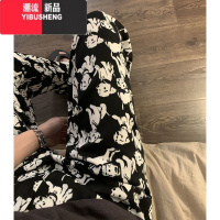 YIBUSHENG小狗印花阔腿裤女高腰垂感冰丝小个子休闲裤大码胖mm直筒长裤子