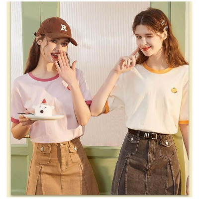 [3件8.5折42.4元,叠加优惠券]唐狮夏季新款圆领撞色短袖T恤女绣花内搭体恤设计感减龄衣服x