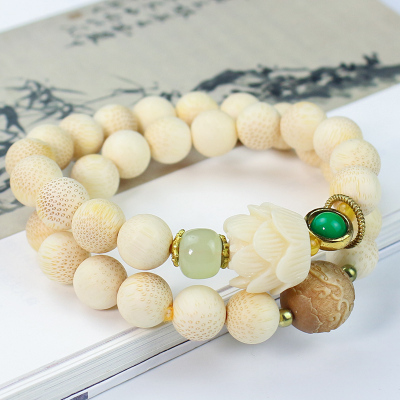 创意金丝竹双圈男女情侣手链饰品11MM雕刻佛珠鱼籽纹实心竹木珠送女朋友老婆情人节七夕生日礼物