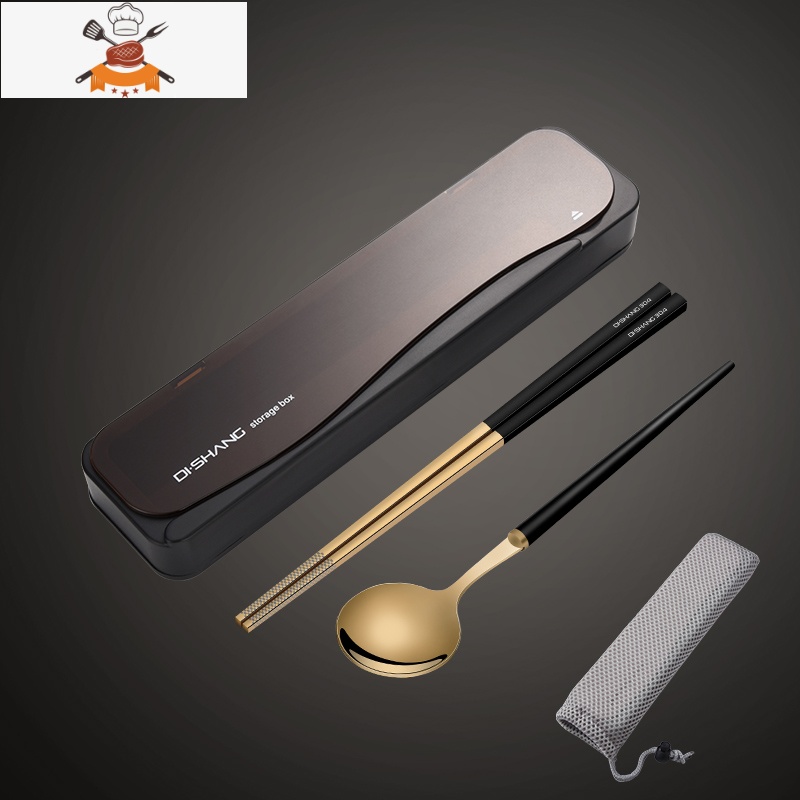 筷子勺子套装餐具盒便携学生单人装三件套不锈钢叉子外带收纳盒 经典黑-钛金黑色筷葡萄牙勺 敬平