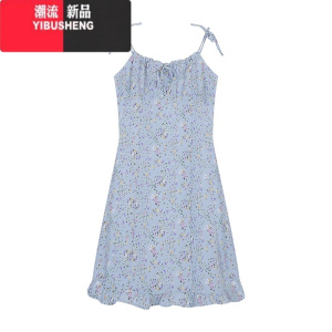 YIBUSHENG海边温柔风碎花裙吊带裙绑带连衣裙女季收腰修身短裙子