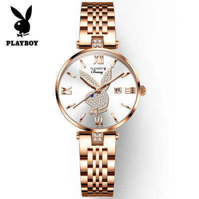 花花公子(playboy)品牌手表玫瑰金镶钻石英表女士时尚ins风小众防水