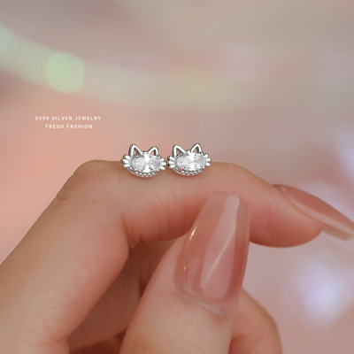 卡通可爱小猫咪锆石耳钉女s999纯银简约百搭轻奢高级感足银耳饰送女朋友老婆情人节七夕生日礼物