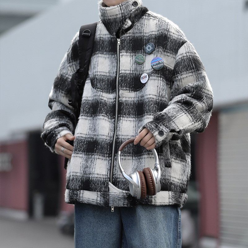 男装新款美式潮牌情侣款毛呢夹克格子时尚翻领百搭夹克男士外套男