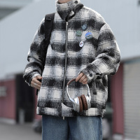 男装新款美式潮牌情侣款毛呢夹克格子时尚翻领百搭夹克男士外套男