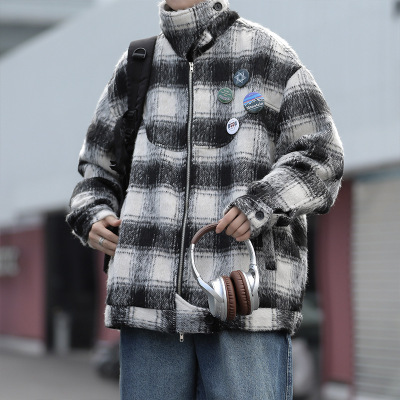 男装新款美式潮牌情侣款毛呢夹克格子时尚翻领百搭夹克男士外套男