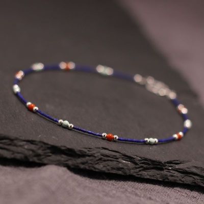 天然原创简约纯银百搭气质平安符极细桶珠青金石 南红绿松石脚链送女朋友老婆情人节七夕生日礼物