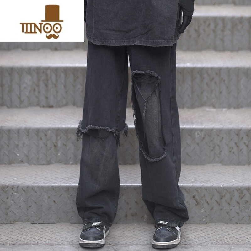 YANXUZCNT高街裤子ins欧美hiphop美式嘻哈宽松破洞直筒牛仔裤