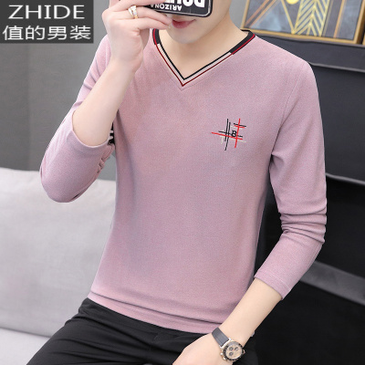 SUNTEK男士长袖T恤2020秋冬季韩版青年V领双面绒打底衫修身体恤男上衣服T恤