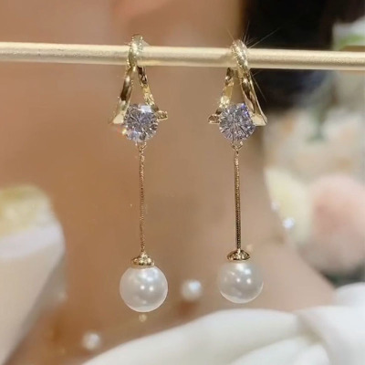S925银针珍珠耳扣长款锆石流苏耳环轻奢气质精致名媛耳坠ins同款送女朋友老婆情人节七夕生日礼物