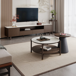 全友家居新中式橡胶木实木脚钢化玻璃台面客厅高圆茶几矮圆茶几高低错落半开放式分区储物电视柜家具