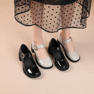 复古一字扣厚底2025春秋女日系学院风大头鞋洛丽塔漆皮粗跟小皮鞋